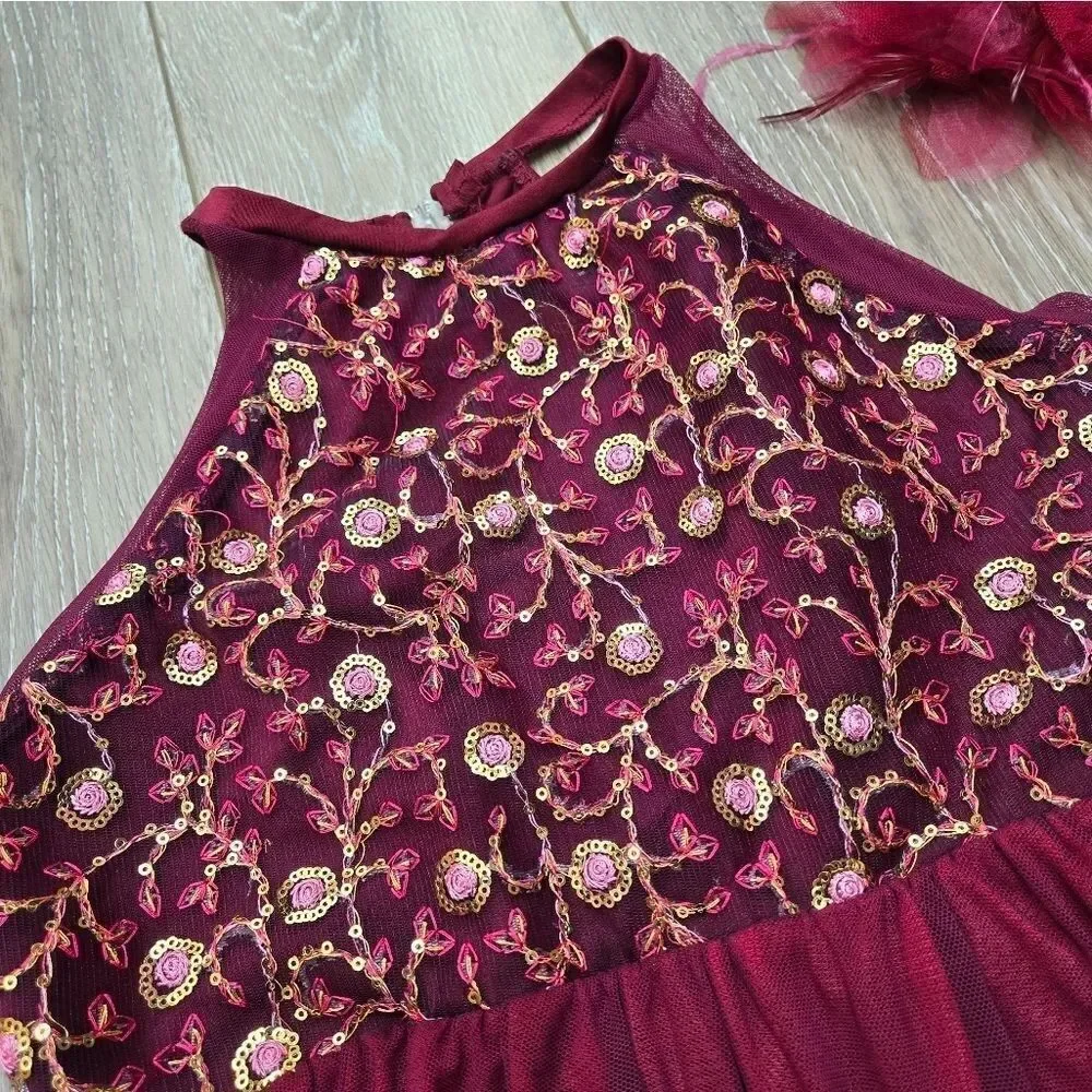 Costume Gallery Burgundy leo with attached skirt with burgundy hair piece xl